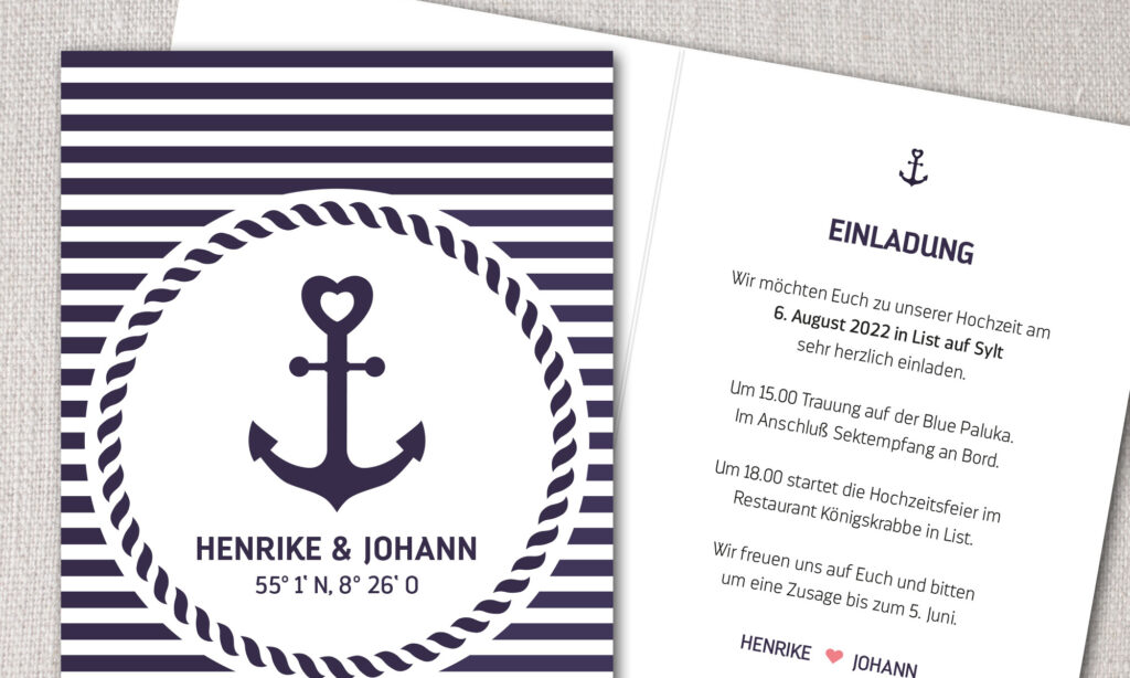 Klappkarte Maritim mit Streifen Einladung zur Hochzeit
