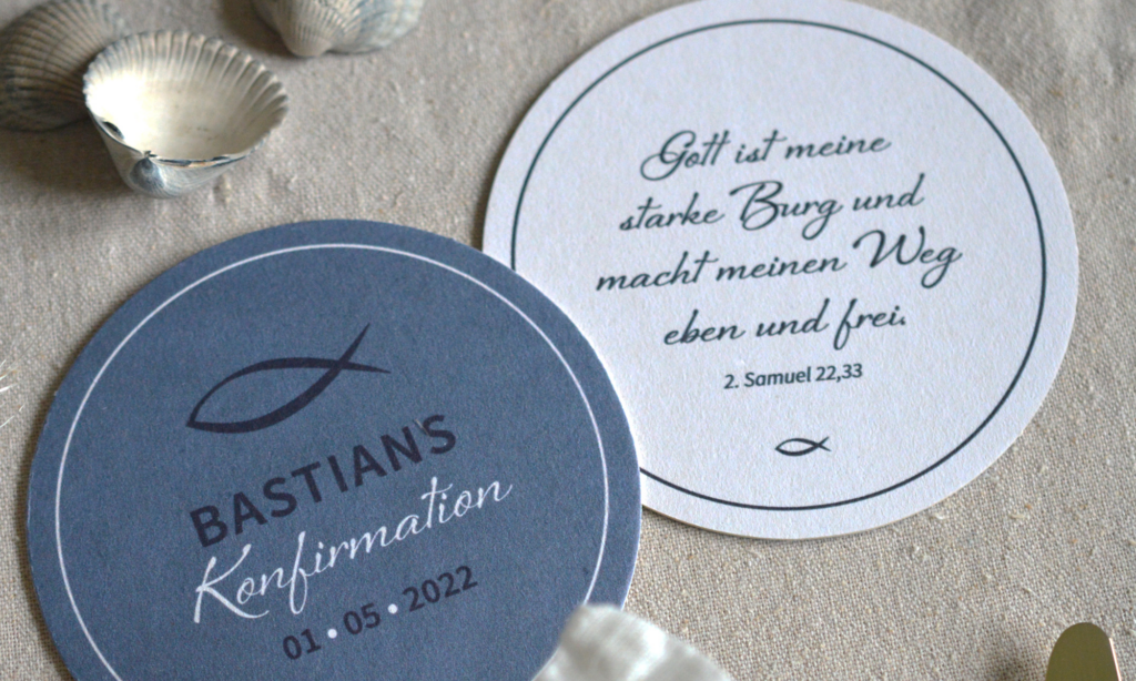 Bierdeckel zur Konfirmation mit Bibelspruch