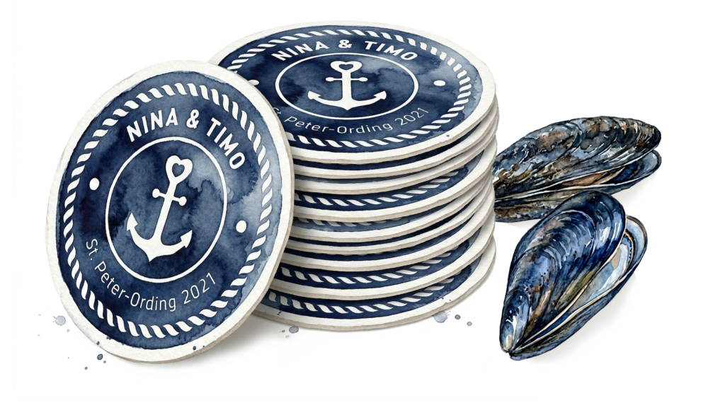 Illustration Bierdeckel Stapel mit Miesmuscheln