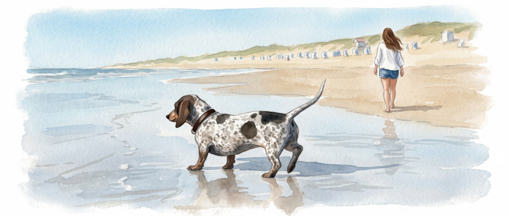 Illustration Frau und Hund am Strand